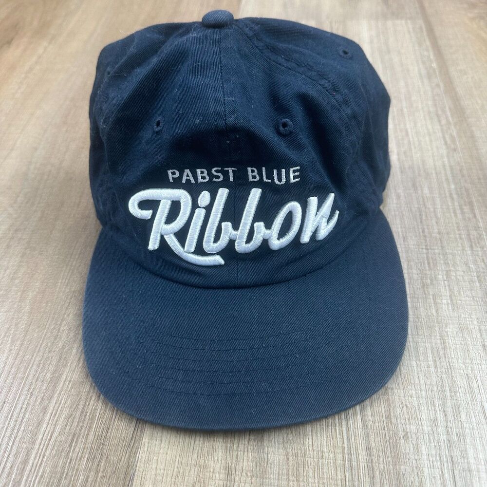 Pabst Blue Ribbon Beer Navy Blue Baseball Hat Snapback White Embroidered Cap